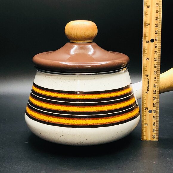 70s Levcoware Vintage Brown Orange Enamel Fondue Pot with Lid Wood Handle Knob - Picture 9 of 9